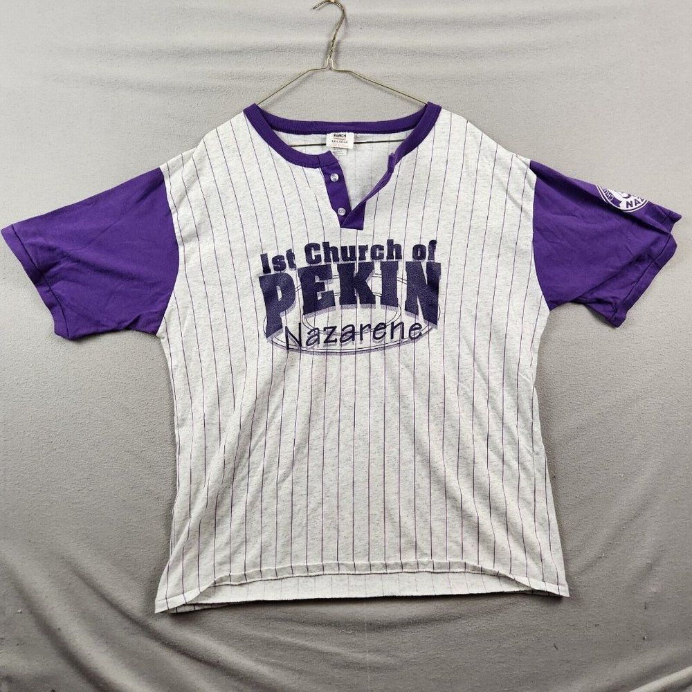 Vtg Pekin Church T Shirt Men XXLarge Grey Purple Henley Striped Single Stitch